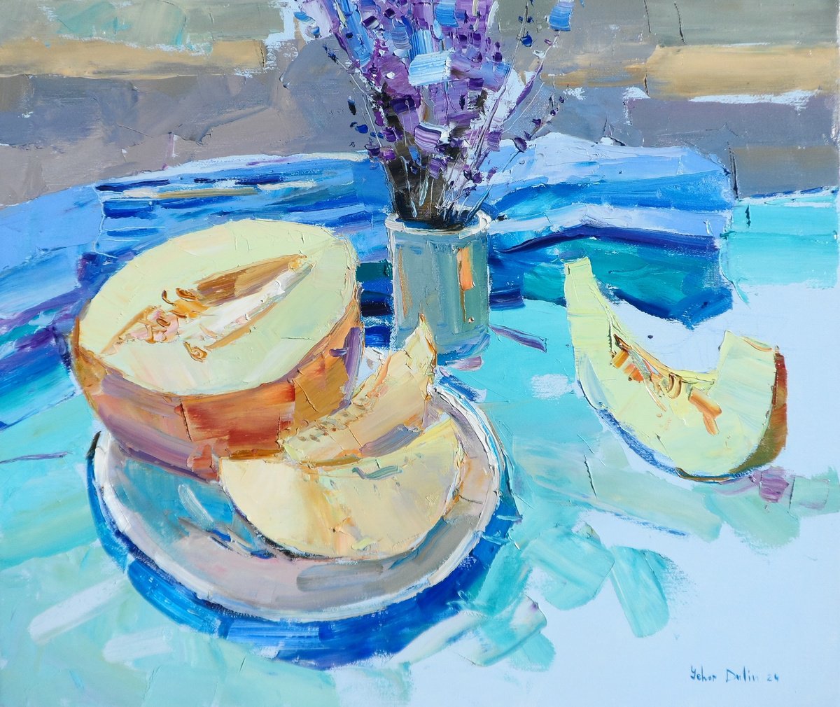 Impressionistic Botanical Oil Painting By Yehor Dulin, 26 X 22", Sweet Melon, Original Artwork