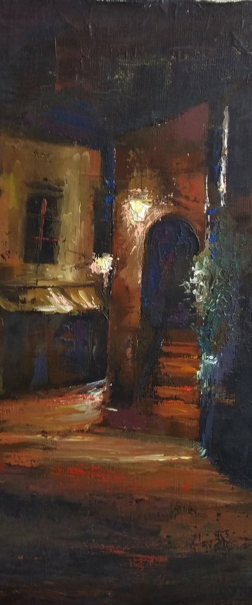 Night cityscape (40x40cm, oil painting, ready to hang) by Kamsar Ohanyan