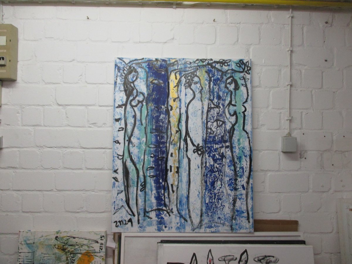 Expressive Portrait Acrylic Painting By Sonja Zeltner-Muller, 31 X 39", People In The Forest, Original Artwork