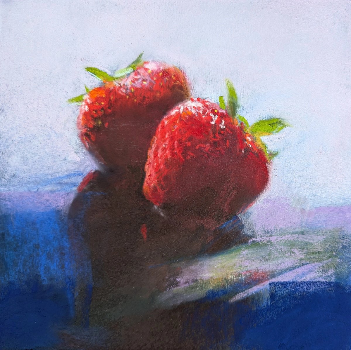 Impressionistic Still Life Pastel Drawing By Silja Salmistu, 7 X 7", Two Strawberries, Original Artwork
