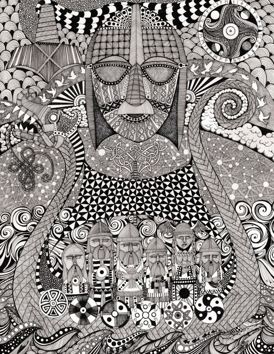 Illustrative Abstract Ink Drawing By Terri Smith, 24 X 30", Ancient Faces: Viking, Original Artwork