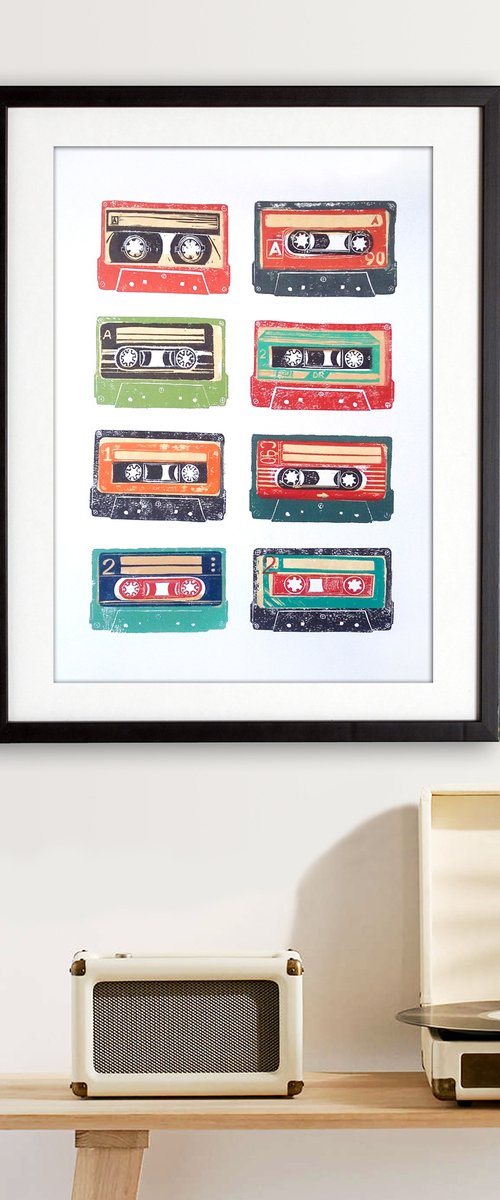 Linocut tapes #35 (cassette tapes, retro music, 70's, 80's rock culture) by Carolynne Coulson