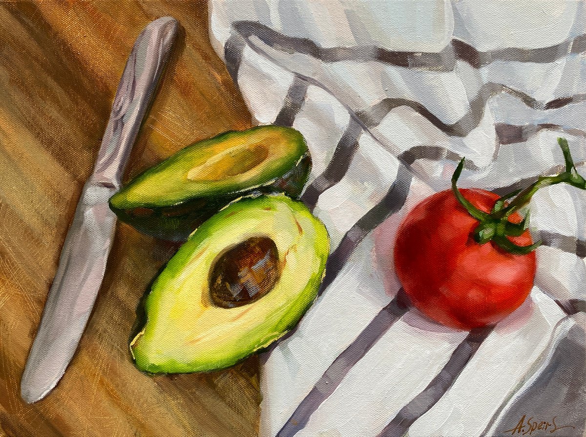 Still life with avocado and tomato by Anna Speirs