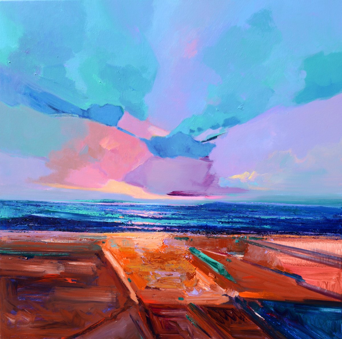 Abstract Acrylic Painting By Jianzhe Chon, 39 X 39, Sky Abstract 058, Original Artwork