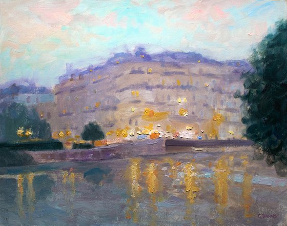 Paris at dusk looking over the river Seine, impressionist oil painting