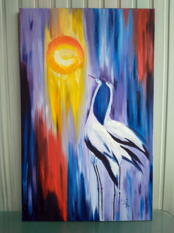 Storks Painting Bird Original Art Couple Abstract Oil Impasto Animal Artwork Home Wall Art 20 by 32" by Halyna Kirichenko