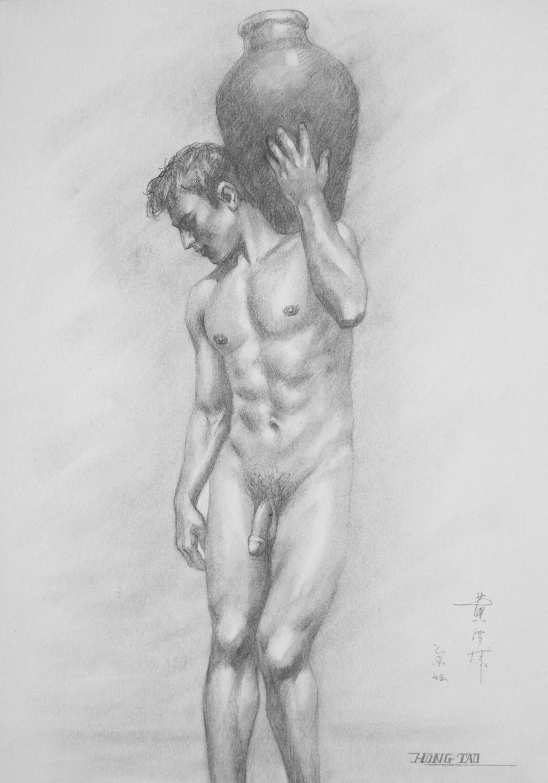 original art drawing charcoal male nude boy stean on paper #16-5-25-01  Charcoal drawing by Hongtao Huang | Artfinder