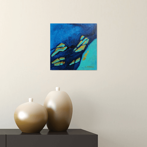 Small Blue and Gold Abstract Landscape Painting #4. 25x25cm. Small Abstract Seascape