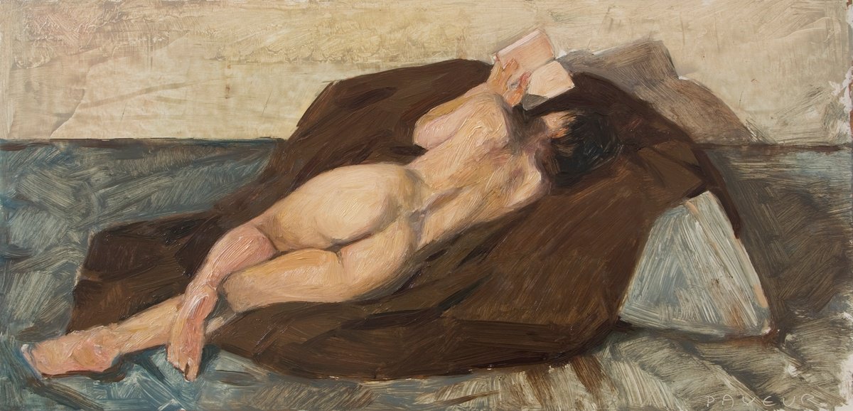 Impressionistic Portrait Oil Painting By Olivier Payeur, 24 X 12", Nude Woman Reading, Original Artwork