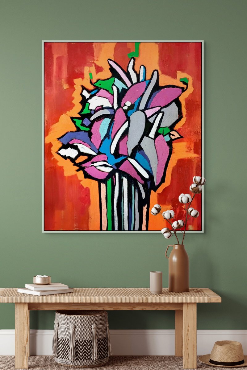 Exotic Flowers On Red By Evgen Semenyuk, 30 X 35, Artwork For Sale On Artfinder