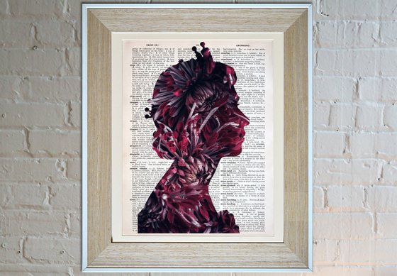 Queen Elizabeth II - Flowers - Collage Art on Large Real English Dictionary Vintage Book Page