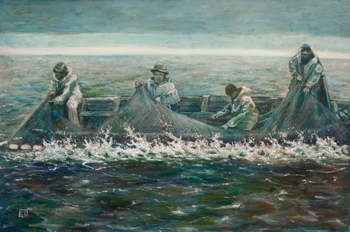 Photorealistic Landscape Oil Painting By Liudmila Pisliakova, 30 X 20", Fishermen, Original Artwork