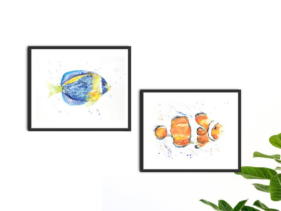 Clown fish watercolor Set of 2 Tropical fish Paintings