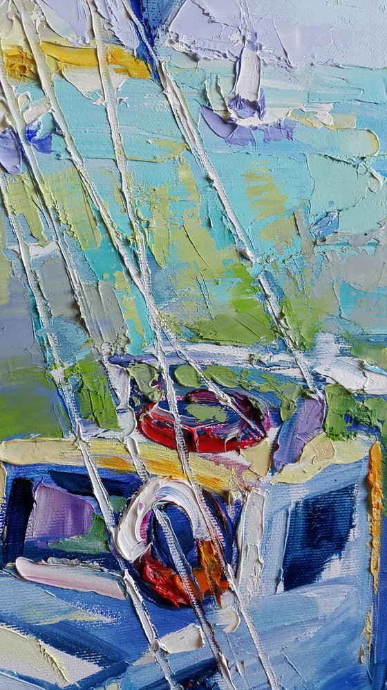 Painting Fishing boats, Nautical Painting, boat yacht bay