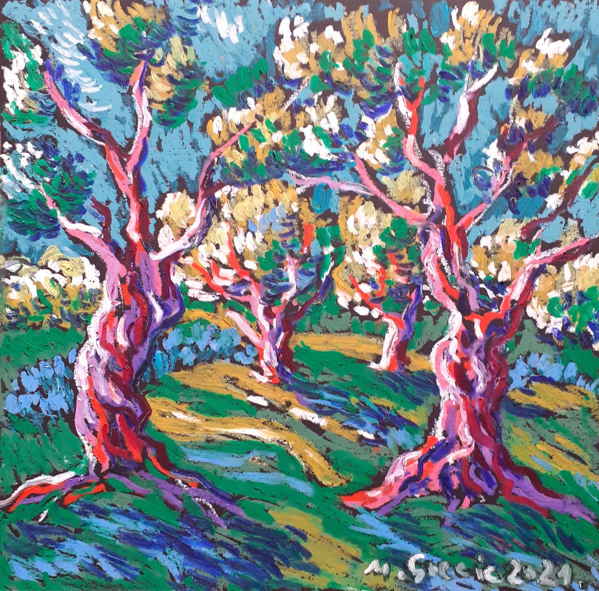 Impressionistic Landscape Pastel Drawing By Maja Grecic, 12 X 12", Olive Grove No 33, Original Artwork