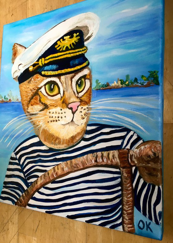 Troy The  Cat- Captain  oil painting for cat lovers.