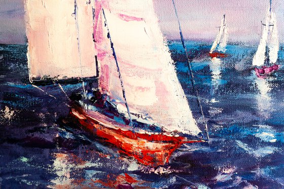 "Red sailboat" Yachts, ships, seascape