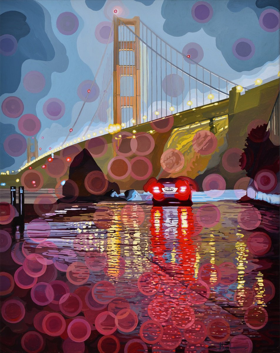Organic Landscape Acrylic Painting By Alex Nizovsky, 24 X 30, Golden Gate Bridge Rainy Night, Original Artwork