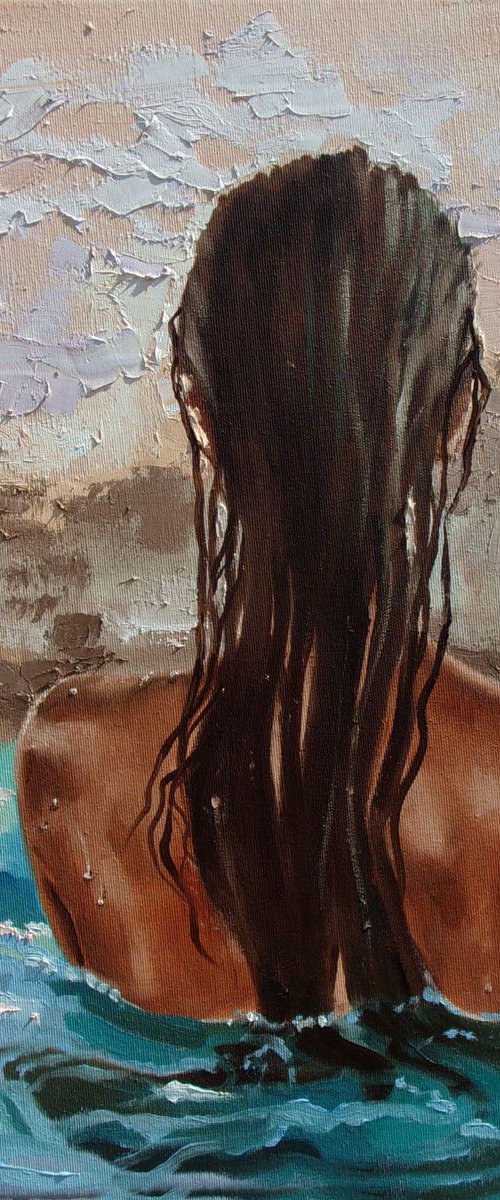 " EVENING RELAX ... " original painting SEA summer GIFT sea swimming by Monika Luniak