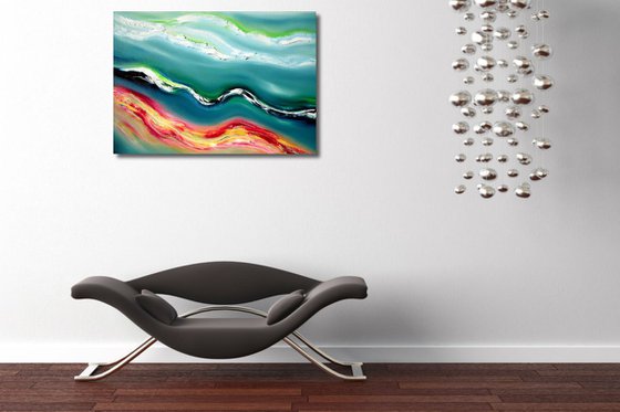 Deep blue river - 70x50 cm,  Original abstract painting, oil on canvas