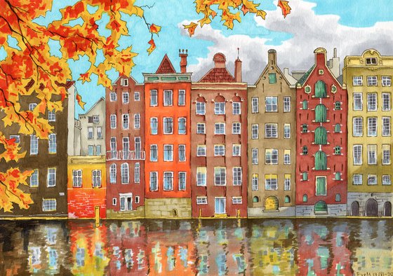 Cityscape with houses of Amsterdam. Autumn city.