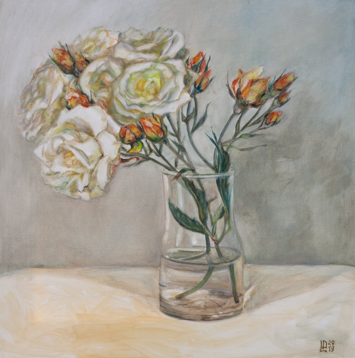 Photorealistic Botanical Oil Painting By Liudmila Pisliakova, 16 X 16", Garden Roses In A Glass Vase, Original Artwork