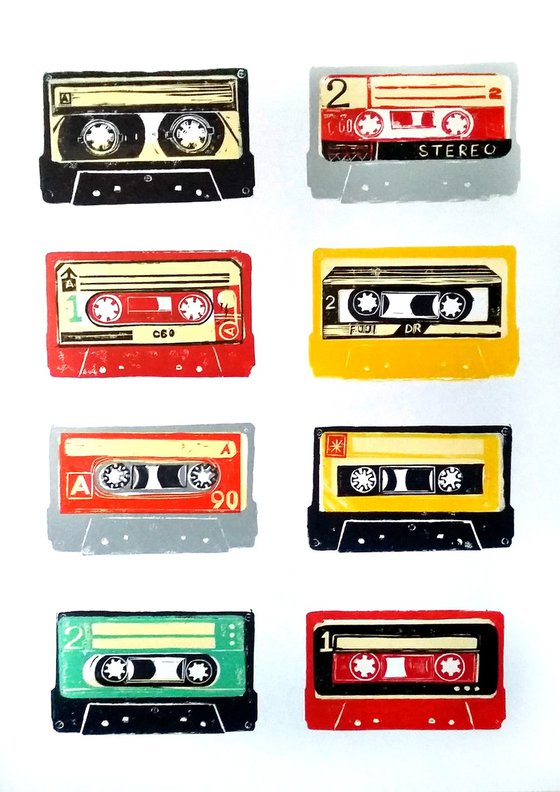 Linocut tapes #54 (cassette tapes, retro music, 70's, 80's rock culture)