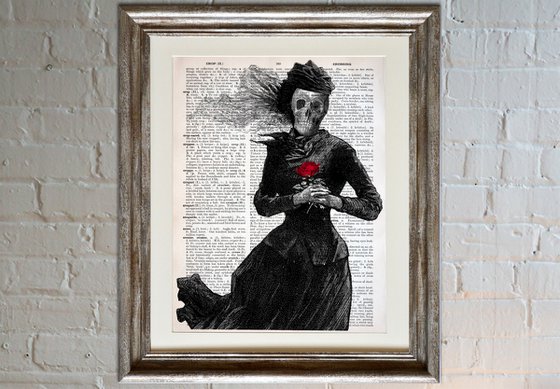 Red Rose of Death - Collage Art Print on Large Real English Dictionary Vintage Book Page
