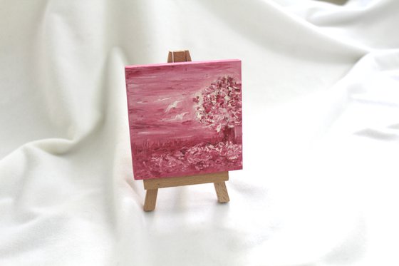 Cherry Blossom - Oil painting on mini canvas with easel - impressionistic palette knife landscape painting - gift art