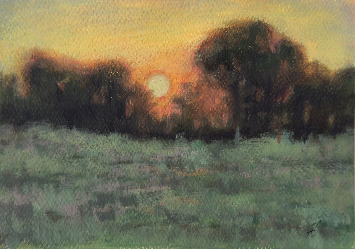 Impressionistic Landscape Pastel Drawing By Nikola Gulev, 8 X 6", "Dawn", Original Artwork