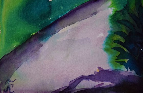 Abstract tropical trees original watercolor painting Spanish green forest