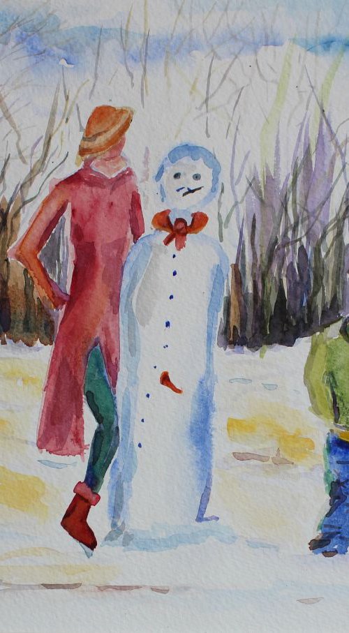 Snowman Competition, concept art, humor, fun, painting in watercolor by Geeta Yerra