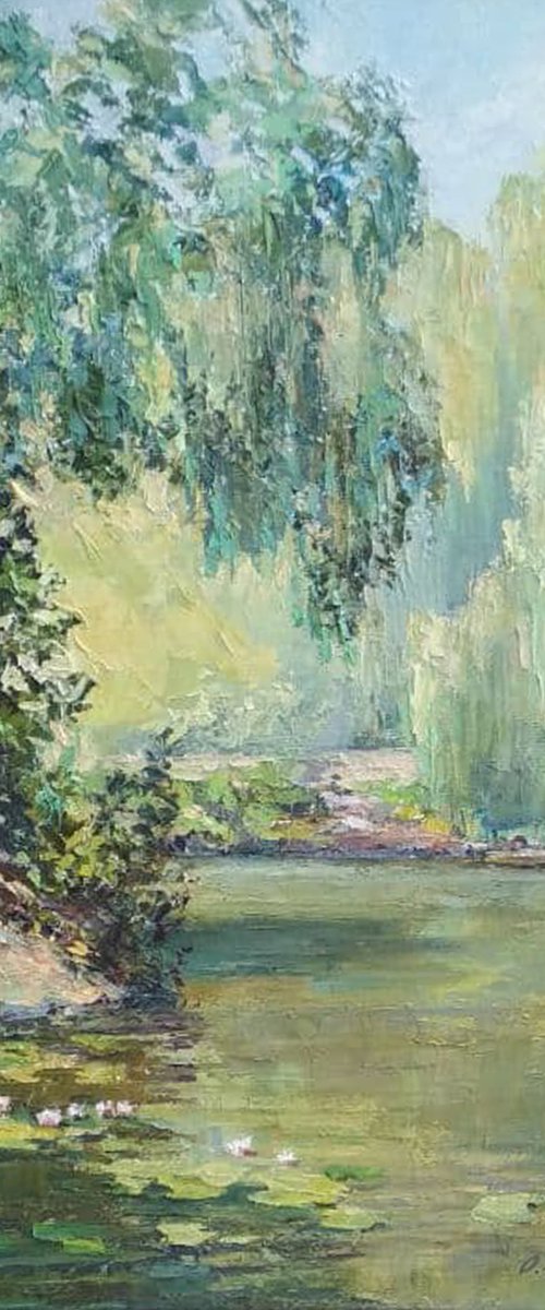 Old pond with lilies / Summer landscape in green tones. Original oil painting by Olha Malko