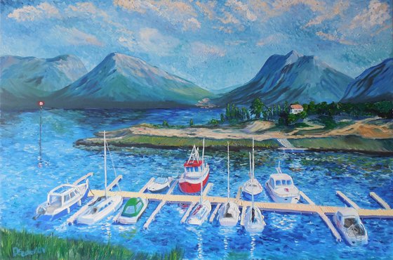 Port and mountain landscape. Large painting