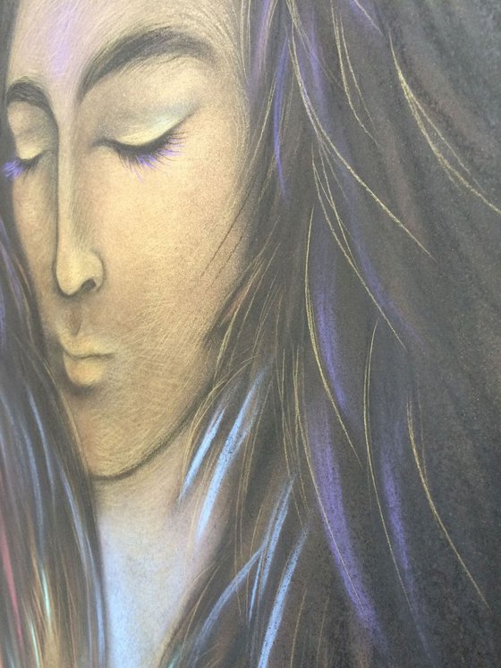 Dark Angel Enclosed III; large pastel with gold powder