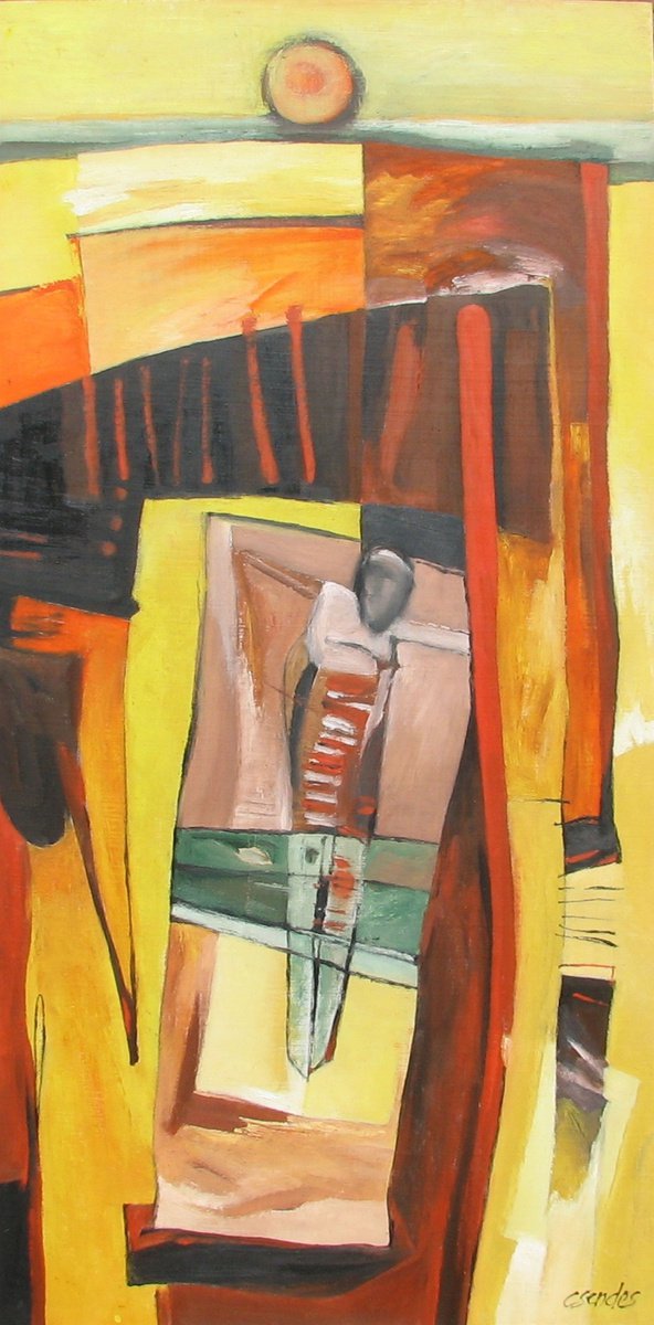 Expressive Abstract Oil Painting By Csaba Csendes, 16 X 31, Epilogue., Original Artwork