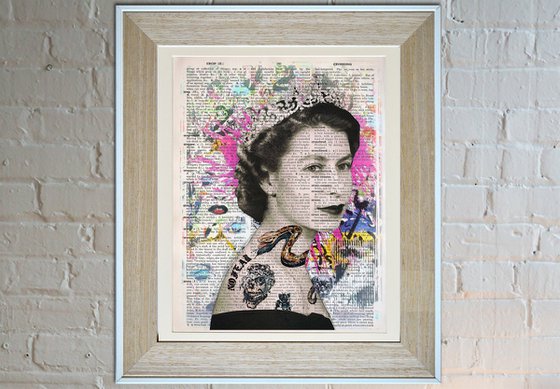 The Queen Elizabeth II Snake Tattoo - Collage Art on Large Real English Dictionary Vintage Book Page