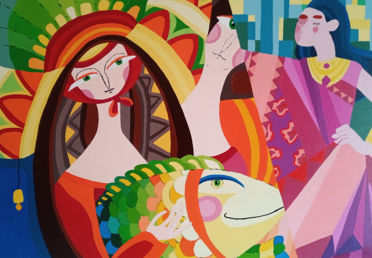 Abstract Portrait Acrylic Painting By Corinne Hamer, 23 X 17, A Fishy Tale!, Original Artwork