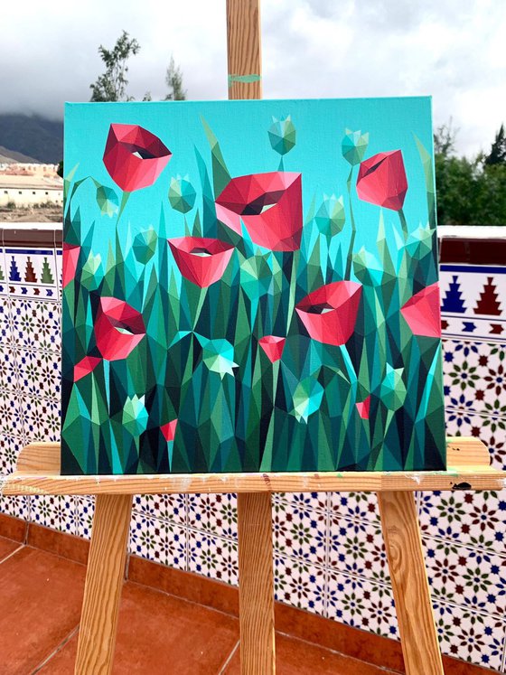 SCARLET POPPIES ON A TURQUOISE BACKGROUND