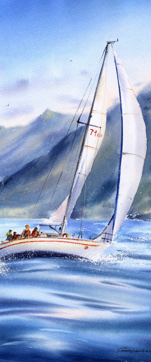 Yacht on the waves #4 by Eugenia Gorbacheva