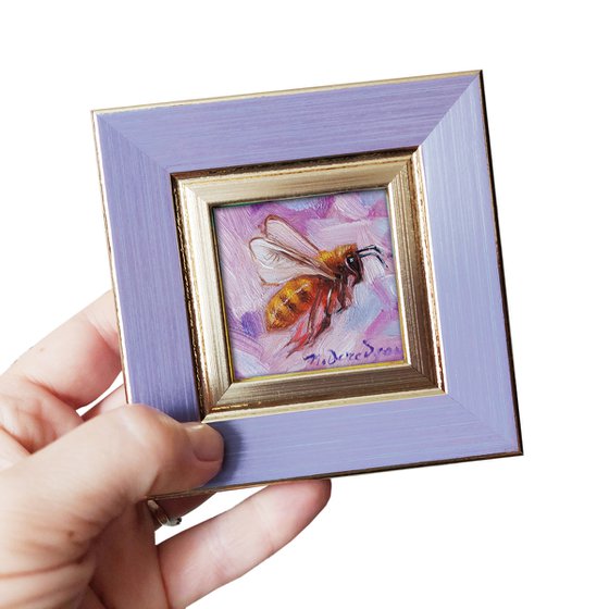 Bee artwork framed oil painting original 2x2, Mini Bee painting oil light purple, Honey bee wall art decor miniature