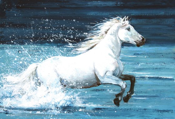 "GAME IN WATER ... " ORIGINAL PAINTING PALETTE KNIFE,  GIFT, HORSE