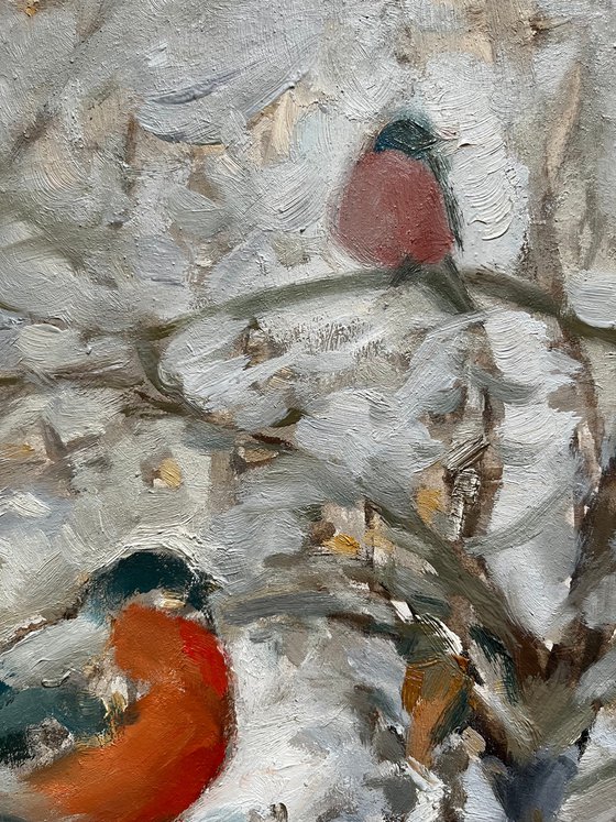 American Robins Bullfinches birds on a tree original oil painting