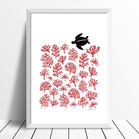 Sea Turtle Print A3 Size in Aurora Red - Framed - FREE UK Delivery