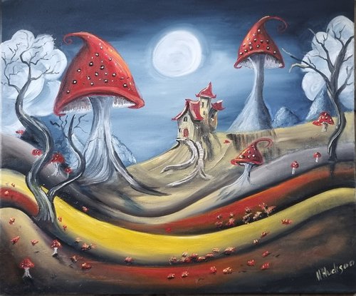 Moonlit Rolling Hills 24"×20" oil on canvas, red mushroom landscape by Hayley Huckson