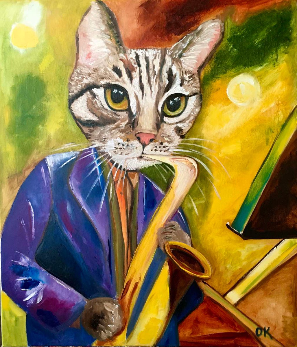 Cat Saxophonist, musician, feline art for cat lovers by Olga Koval
