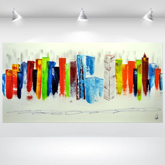 Exciting New York - XXL  abstract acrylic painting Skyline painting canvas wall art rainbow colors