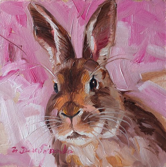 Cute rabbit painting original framed 4x4, Small framed art brown rabbit artwork pink background