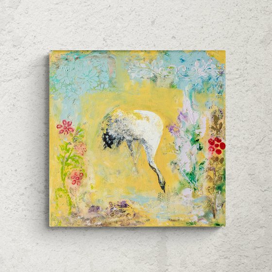Crane in a floral stillness