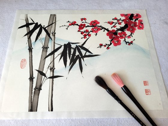 Bamboo and red plum with the background of a mountain - Oriental Chinese Ink Painting